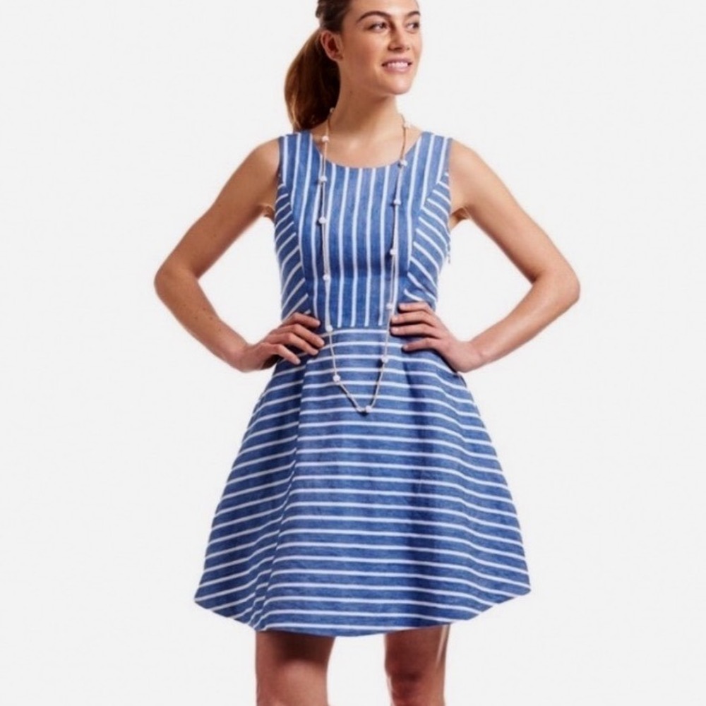Vineyards Vines Linen Blend Fit Flare Dress Womens 16 Blue White Striped